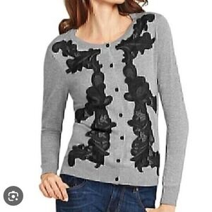 Cabi Cardigan Gray Black Lace Embellished Button Down Long Sleeve‎ Small